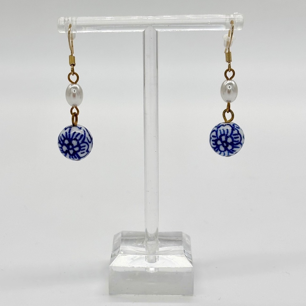 Vintage Style Faux Pearl & Handmade Ceramic Peony & Vine Design Earrings